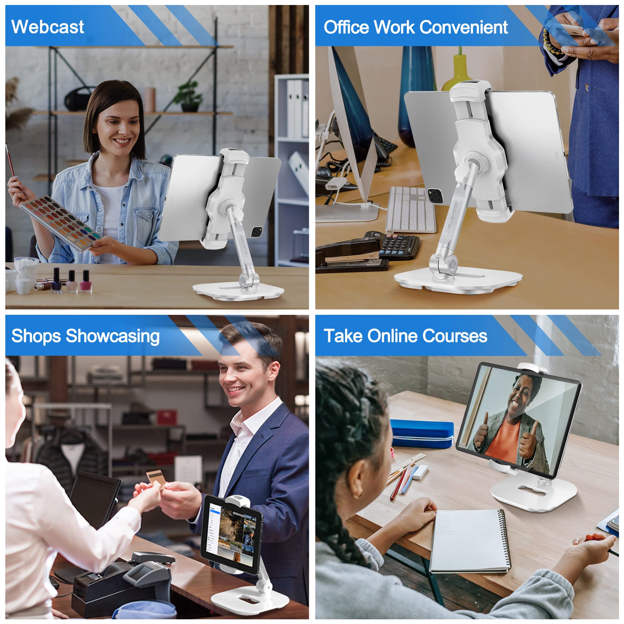 AboveTEK Upgraded Desktop Tablet Stand, 360° Swivel Tablet & Phone Desk Mount Holders for Any 4.7''-13.5'' Display iPad/Cell Phones, Stylish & Sturdy Stands for Store Office Showcase Reception (White)