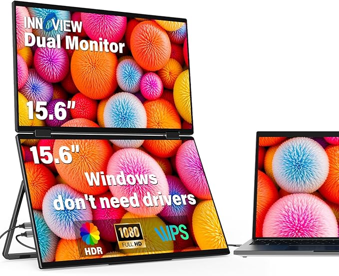InnoView 15.6" Dual Portable Monitor 1920x1080P FHD 315°Adjustable Dual Stacked Foldable Monitor Built-in Speakers Screen Extender with HDMI/USB-C for Laptop Windows Mac