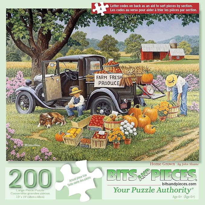 Bits and Pieces - 200 Piece Big Piece Jigsaw Puzzle for Seniors - 15" x 19" - Home Grown - 200 pc Fall On The Farm Large Lettered Pieces Mental & Physical Dexterity Jigsaw by John Sloane