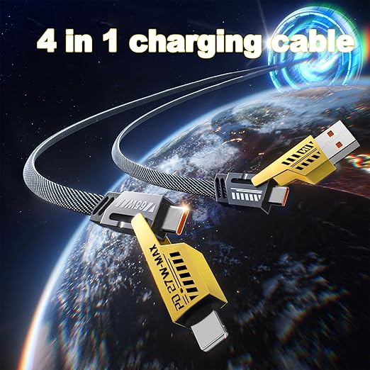 2Pack 4 in 1 Fast Charging Cable, Transferring Data, 6.65 Ft, Braided Cable 65W, USB C USB A and IP, Multiple Charging Cable for Phone/Pad/More