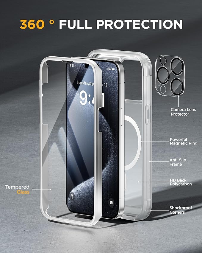 Miracase Magnetic for iPhone 15 Pro Max Case 6.7'' [Compatible with Magsafe] Full-Body Drop Proof Phone Case for iPhone 15 Pro Max with Built-in 9H Tempered Glass Screen Protector,Matte White