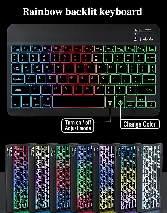 Rainbow Backlit Keyboard Case for iPad 9th / 8th / 7th Generation 10.2"/iPad Pro 10.5"/iPad Air 3rd Gen with Mouse and Backlight Detachable Bluetooth Keyboard Cover,Misty Blue