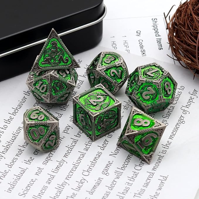 PJOY D&D Dice Set Metal DND Green Dice with Case Compatible with Dungeons and Dragons Ranger Gifts