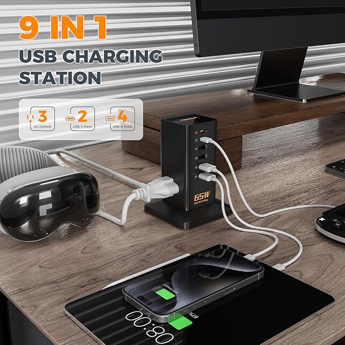 USB Charging Station for Multiple Devices PD 65W, TESSAN 9-in-1 USB C Charger Block for iPhone 16/15, MacBook, Tablet, Type C Desktop Charger with 3 AC, Home Travel Office Accessories