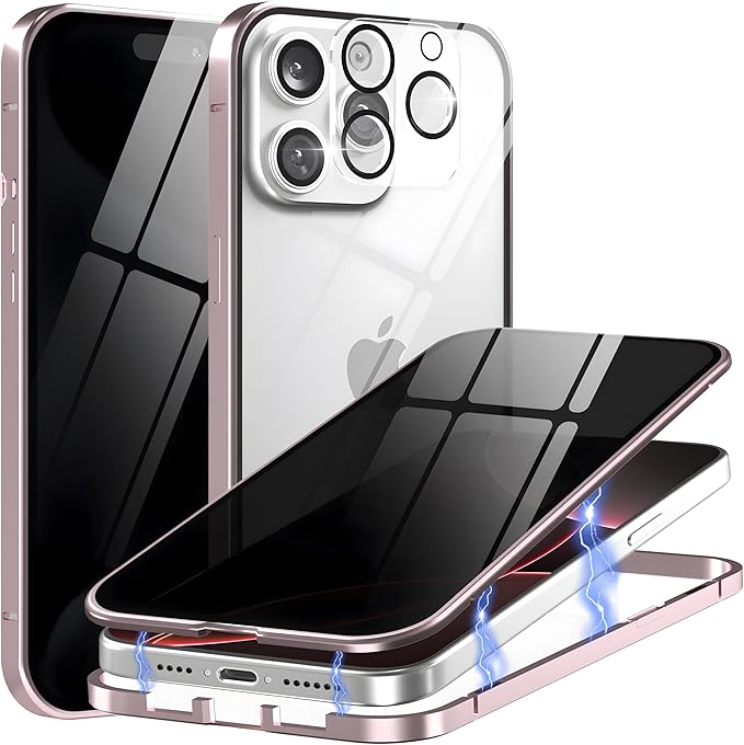 Privacy Magnetic Case for iPhone 16 with Metal Titanium Frame Privacy Screen Protector & Camera Lens Protector, Magnetic Adsorption Double Sided Tempered Glass Case Anti Peep Anti Spy Phone Cover