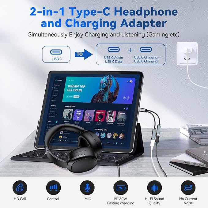 USB C Splitter,1 in 2 Out Dual USB C Type Headphone and 60W PD Charger Audio Adapter,Hi-Fi Sound Quality Type C Headphone Adapter and Charging Dongle Cable for Phone 16/15 Pro Max(USB-USB,5Pack)