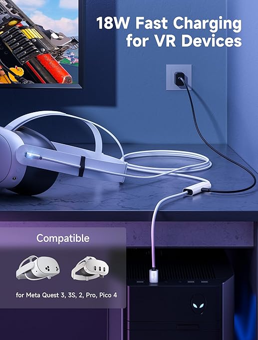 JSAUX Link Cable with 18W Charging 16ft, Compatible with Oculus Meta Quest 3S/ 3/ 2/ Pro and Pico 4, PC VR, Steam VR Accessories, 2-in-1 High Speed 5Gbs USB3.0 to USB C Data Cord for VR Headset