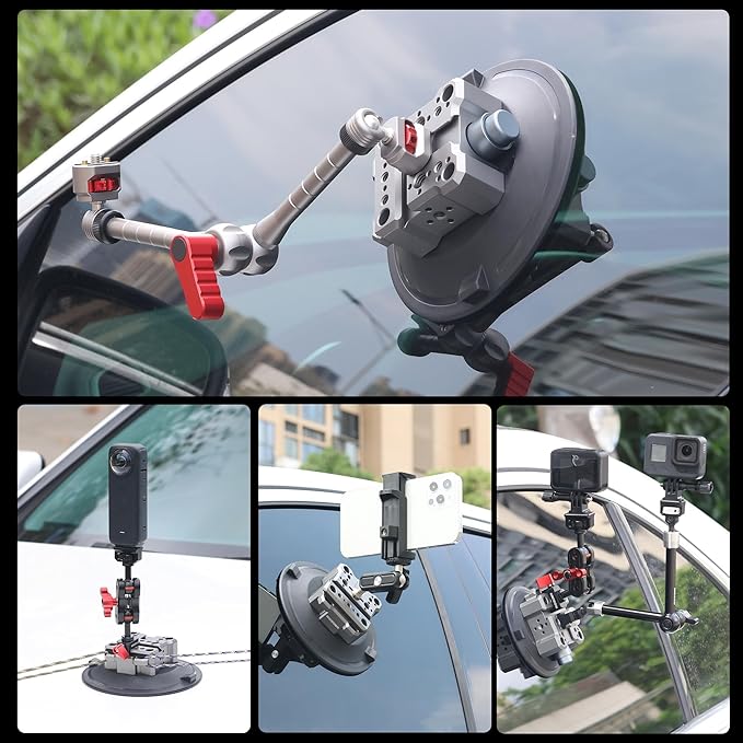 6" Suction Cup Camera Mount – Ultimate Car Camera Mount with Cold Shoe, NATO Rail, and Threaded Holes for Cameras, Action Cameras, Phones (6")