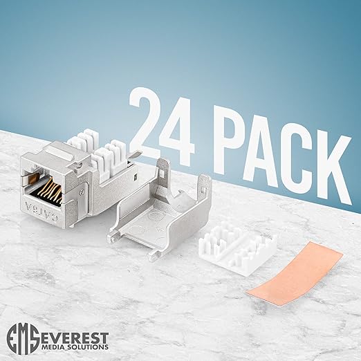 Everest Media Solutions RJ45 Shielded Keystone Jack - 24-Pack - Slim Profile, 90 Degrees, F/STP Female Connector - Tested for CAT5e, CAT6, CAT6A, CAT7 - up to 10GB Speed