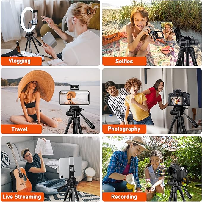 JOILCAN Camera Tripod, 68" Tablet Tripod Stand for Phone Cameras, Travel Tripods Compatible with iPad iPhone DSLR SLR Projector, Cell Phone Tripods Stand with Remote/Travel Bag / 2 in 1 Mount