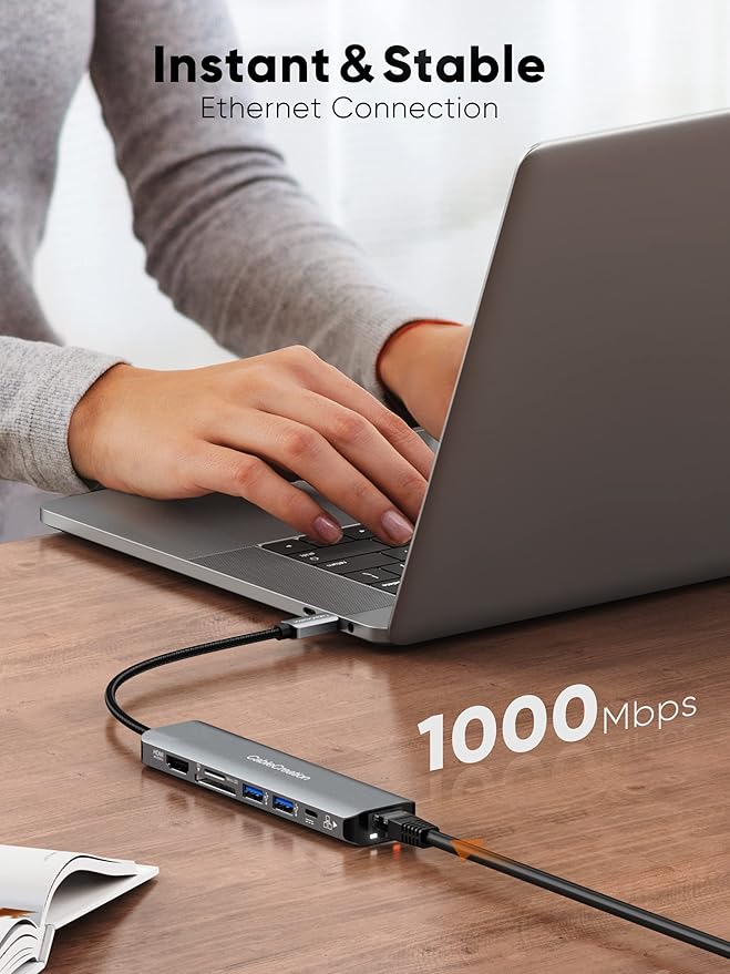 USB C Hub 4K 60Hz, CableCreation 7-in-1 USB-C Hub Multiport Adapter with 1Gbps Ethernet, HDMI, 2 USB 3.0 Ports, 100W PD and SD/TF Cards Reader, Compatible with Steam Deck MacBook Pro/Air, iPad Pro