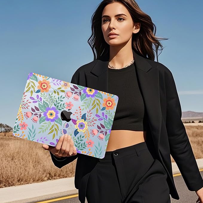 Mektron for 2025 MacBook Air 15 inch M4 Case A3241/ 2024 M3 A3114/ 2023 A2941 M2 Hard Printed Case with 15.3 Liquid Retina Display Touch ID, Plastic Hard Cover & Keyboard Skin- Floral C139-Blue