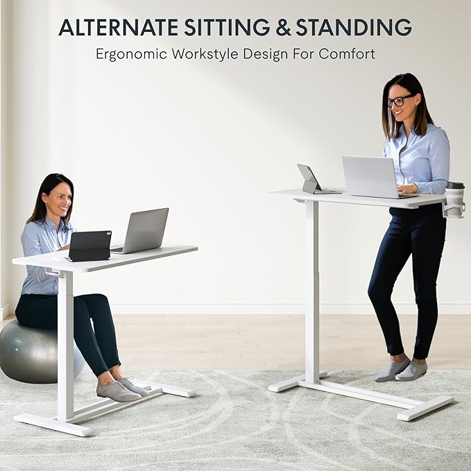 FLEXISPOT Mobile Standing Desk with Wheels Pneumatic Laptop Desk Rolling Computer Cart Movable Height Adjustable Small Sit Stand Desk Computer Workstations Home Use（31.5" W x 17.7" D,White