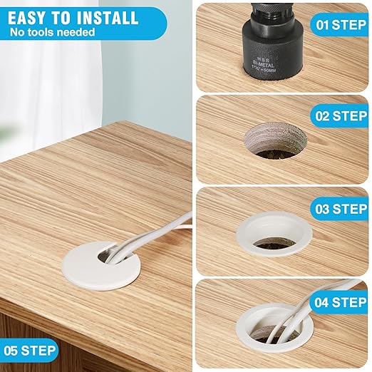 1-1/2" White Desk Grommet with Bi-Metal Hole Saw, JTemgle Plastic Cable Hole Cover Computer Table Cord Wire Organizer Caps, Desktop Cord Management for Home Office TV Stands Tabletops, 7 Pieces