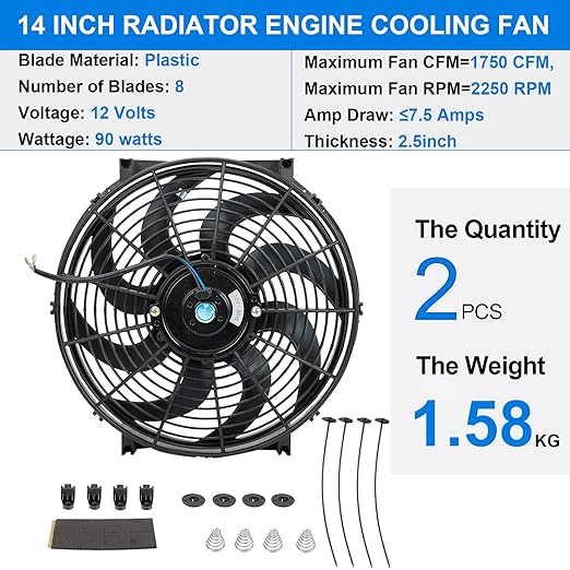 2PCS 14 Inch Universal Slim Fan Push Pull Electric Radiator Cooling Fan Mount Kit 12V 90W Black