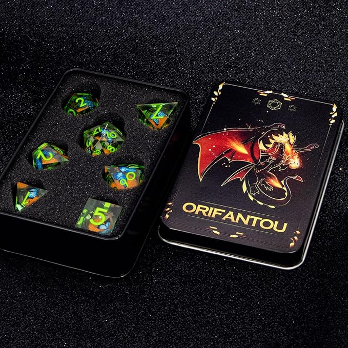 Butterfly DND Dice Green Liquid Core Dice Set with Metal Box, Handmade Sharp Edge D and D Polyhedral Dice for use with D&D Role Playing Game, D20 D12 D10 D8 D6