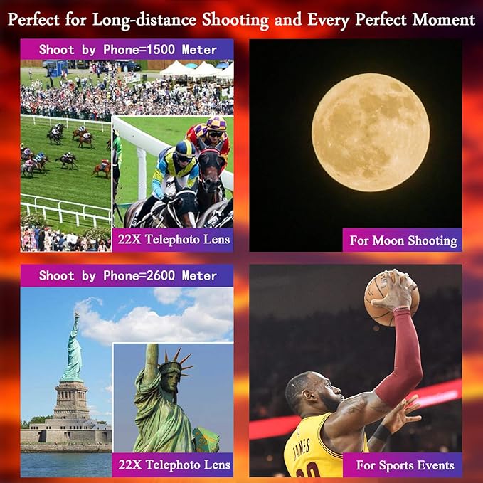 Phone Camera Lens Kit 10 in 1 for iPhone Samsung Pixel Android, 22X Telephoto Lens, 0.62X Super Wide Angle Lens&25X Macro Lens, 235° Fisheye,Kaleidoscopes, Starlight，Tripod，for Most Smartphone Black