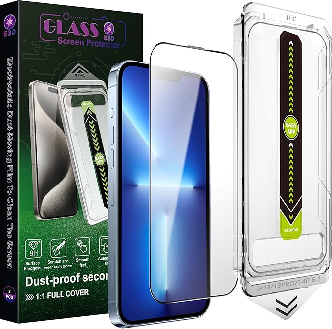 [2-Pack Ultra HD Clear Screen Protector for iPhone 16e/13/13 Pro/14 (6.1-Inch),9H Tempered Glass,Full Coverage,Anti-Fingerprint,Auto Dust Removal,Bubble-Free,Easy Installation