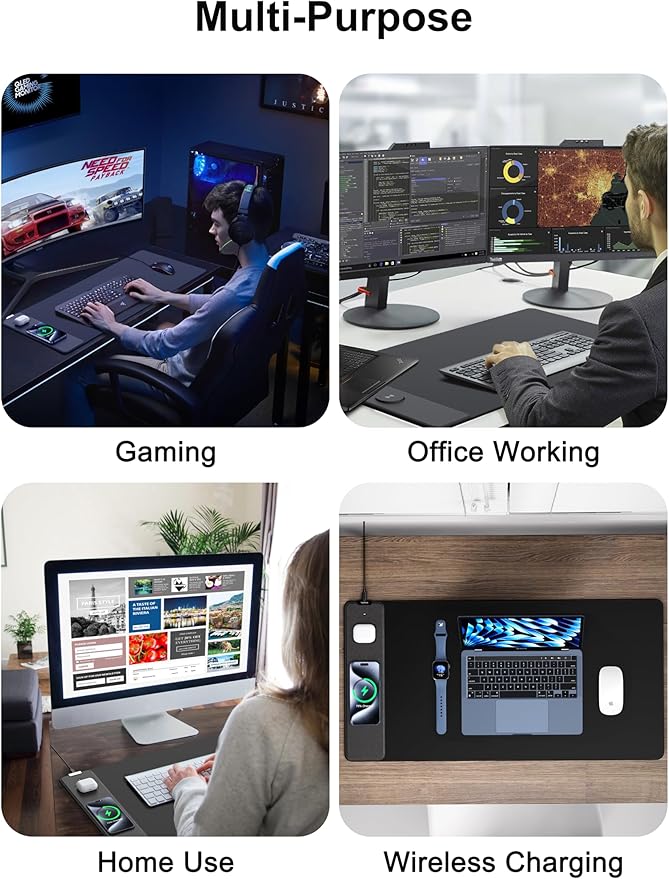 TopMade Wireless Charging Mouse Pad, Gaming Mousepad Home Office Large Desk Pad with Ultra-Smooth Surface, Non-Slip Base, Waterproof Keyboard Mat (Includes 20W PD Power Adapter & 6.56ft Woven Cable)