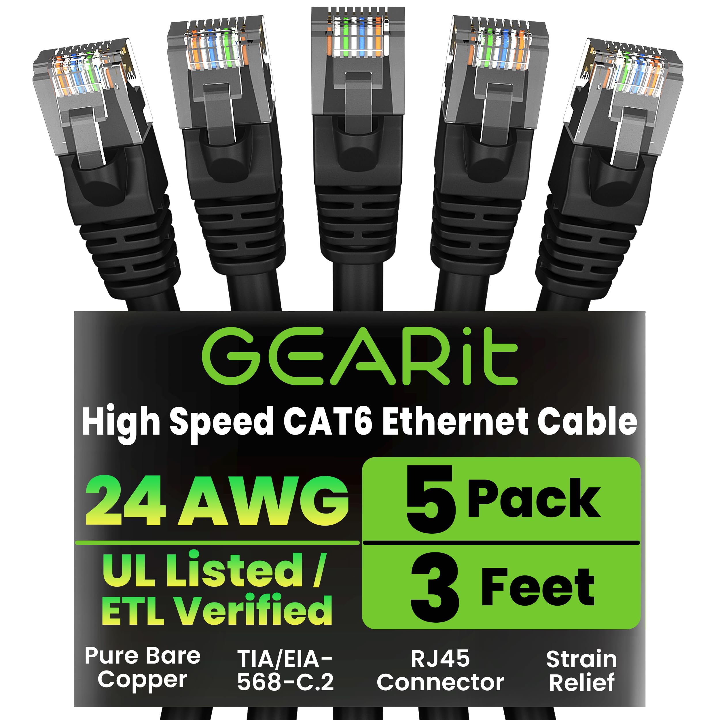 GEARit Cat 6 Patch Cables 3 ft Black (5 Pack) - Cat6 Patch Cables 3ft Black/Ethernet Patch Cable, 10Gbps 550MHz 24AWG Pure Copper, Snagless, Gold Plated RJ45 for Router, Server, Router, PC