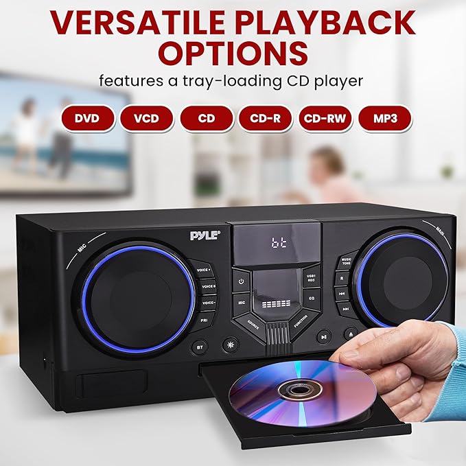 Pyle Mini Hi-Fi Bluetooth Stereo System – 4-Piece CD Player with Speakers, MP3, FM Radio, USB Recording, Subwoofer, DSP-Tech, Equalizer Settings, Compact Home Stereo System with Remote Control (Black)