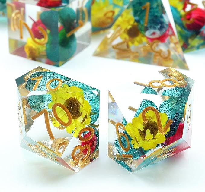 Haxtec Flower Sharp Edge Dice Resin DND Dice Set 7PCS Yellow Blue Red Polyhedral D&D Dice for Role Playing Dice Games Compatible with Dungeons and Dragons