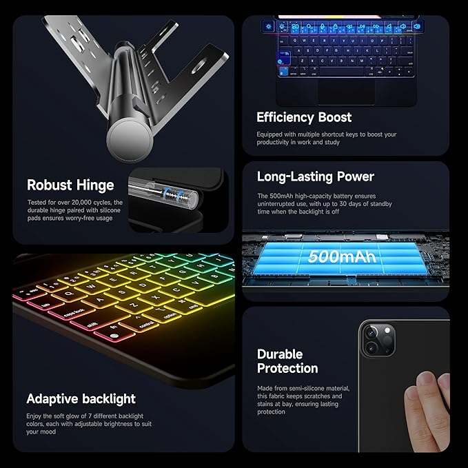 HOU for iPad Pro 13 inch Case 2024 with Keyboard (M4), iPad Pro 13 inch Keyboard with Multi-Touch Trackpad, 7 Colors Backlight, Easy-Set Magnetic Stand Bluetooth-Black