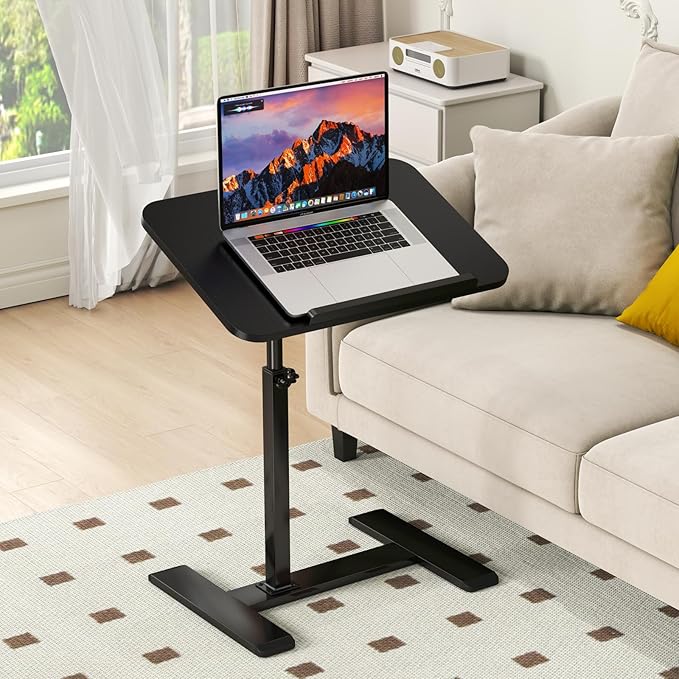 Adjustable Height C Shaped Side Table,360°Swivel Overbed Table,Top Tilting Laptop Stand Table with Hidden Wheels,Mobile Couch End Tables that Slide under,Rolling TV Coffee Table for Sofa/Bed(black)