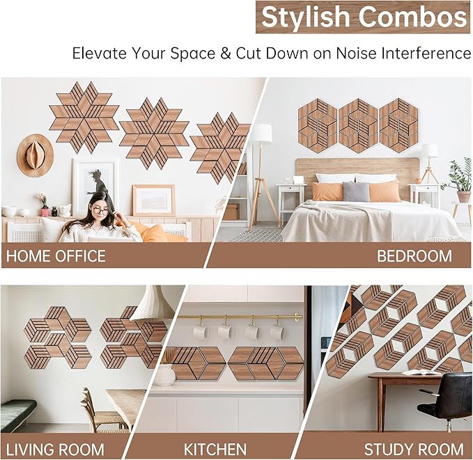 Mollywell Hexagon Acoustic Panels, Walnut TH4, 14x12x0.4 Inch, 12 Pack |Wood Veneer|High Density Sound Proofing Wall Panels|Self Adhesive Sound Dampening Felt Wall Tiles|Home Theater|Gaming Room|
