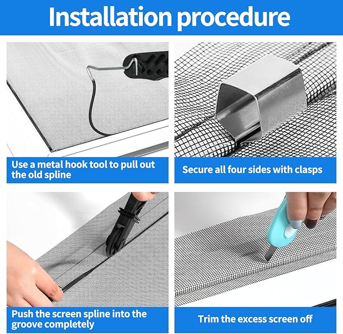 Window Screen Repair Kit, 48"x118" Screen Door Mesh Replacement Kit, Durable Fiberglass Black Window Screen kit with Tools, Rolling, Hook, Spline, Clips for Windows Doors Patio and Porch