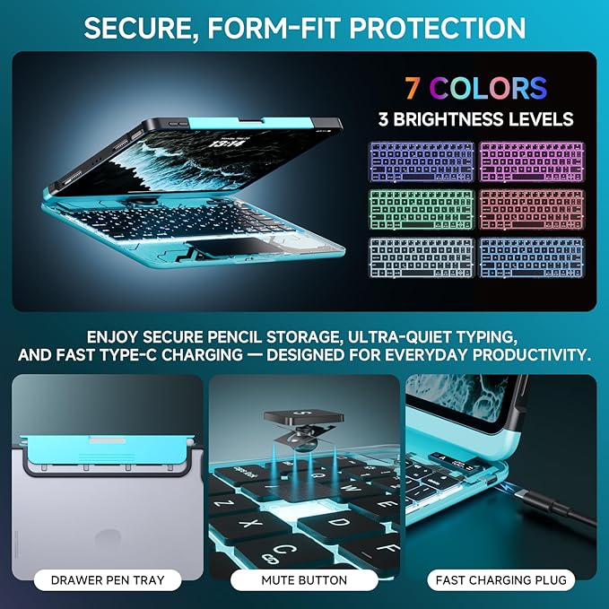 Transparent Case with Keyboard for iPad 11th Gen 11-in.(A16, 2025) & 2022 iPad 10th Gen 10.9-in,7-Color Backlit,Wireless Keyboard, 360°Rotating,with trackpad,Pencil Holder,with Shortcuts,Blue