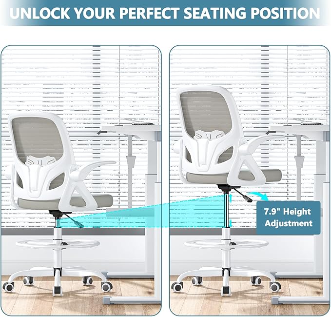 Tall Drafting Chair with Footrest Ring for Home and Work, Ergonomic Home Desk Office Chair with Flip up Arms and Lumbar Support, Extended Height Executive Desk Office Chair(Gray)