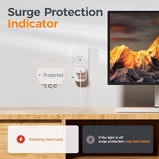 Surge Protector 1050 Joules, TESSAN Single Plug Surge Protector with Protected Light Indicator, 1875W Max Portable Wall Outlet for Appliances, TV, Computer, Refrigerator, Treadmill, Massage Chair