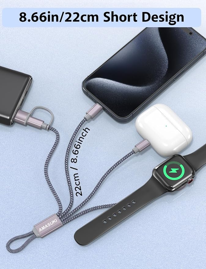 Short 8inch 3 in 2 USB C Cable for Apple Watch Charger iPhone Charger USB C Multi Fast Charging Cable Compatible with iWatch Ultra/SE/10/9/8/7/6/5/4/3/2/1 & iPhone 16/15/14/13/12/11/Galaxy S23