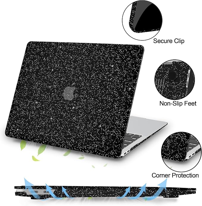 Compatible with MacBook Air 13 inch Case 2021 2020 2019 2018 A2337 M1 A2179 A1932 Touch ID, Glitter Smooth Leather Hard Shell + Keyboard Cover for MacBook Air 13.3 inch Case, Shining Black