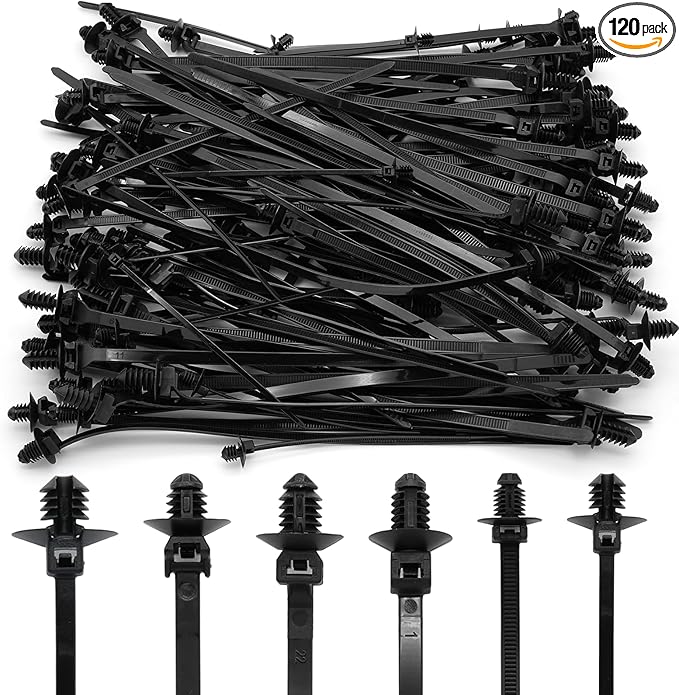 120 Pcs Push Mount Cable Ties Assorted Sizes, Black Nylon Push Mount Zip Ties Wire Harness Clips, 6-Types Snap in Zip Ties Self Locking Automotive Wire Ties for Wire Tying, Automotive