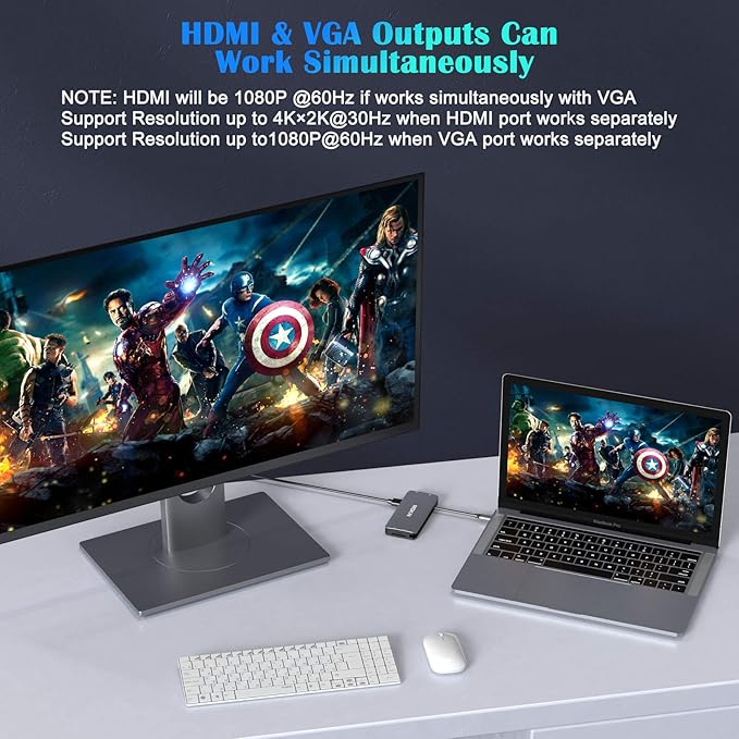 USB C Hub Multiport Adapter - 10 in 1 Portable Dongle with 4K HDMI, VGA, Ethernet, 3 USB Ports, Audio, PD Charger, SD/Micro SD Card Reader Compatible for MacBook Pro, XPS More Type C Devices.