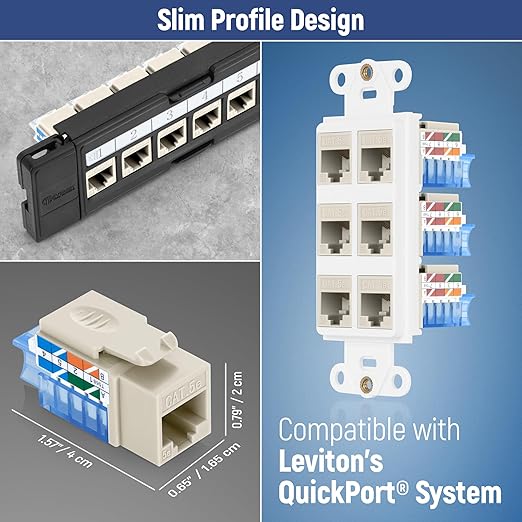 Everest 45° Angled RJ45 Cat5e Keystone Jacks 10-Pack in Light Almond - Slim Profile Female RJ45 Connectors - Cat 5e Keystone Jack - Compatible with 45° Angled Speed Termination Tool - 45Term