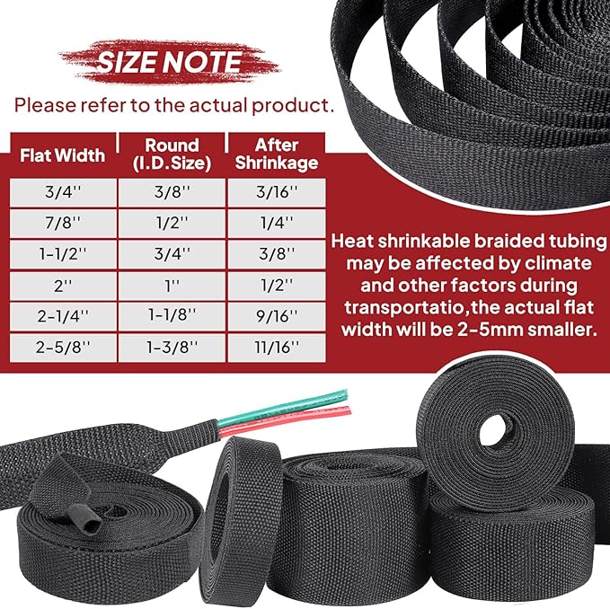 Heat Shrink Wire Loom 2:1 Shrinkable Braided Cable Sleeve 1-3/8 Inch ID-46ft Abrasion Protection Flexibility Fabric Wiring Harness Cover Sheath