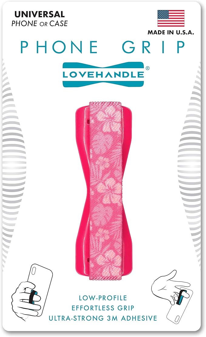 LOVEHANDLE Universal Phone Grip for Smartphones & Mini Tablets - Phone Holder for Hand - Wireless Charging Compatible - Made in The USA - Pink Aloha