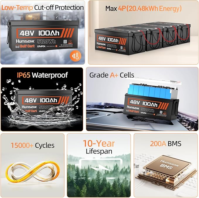 48V 100Ah LiFePO4 Lithium Battery Golf Cart with Bluetooth Group 8D, 15000+ Deep Cycle Battery, Built-in 200A BMS with Low-Temp Protection 2PACK