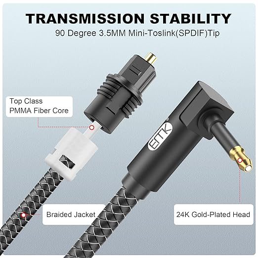 EMK Premium 90° Right-Angle Mini Toslink Cable (5Ft/1.5M) - 3.5mm Optical Digital Audio Cable for Sound Bars, TVs & Home Theater - SPDIF/Toslink Compatible, Black