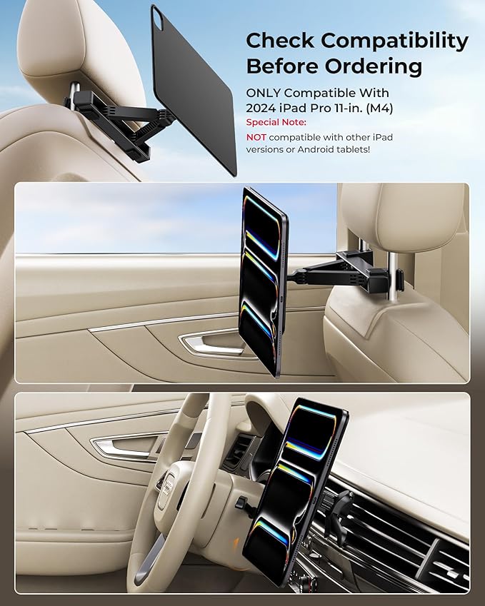KU XIU Magnetic iPad Holder for Car Headrest,Backseat Tablet Car Mount for iPad Pro 11" M4 (2024) Only,iPad Car Holder Back Seat Travel Accessories Long Road Trip Essentials for Kids