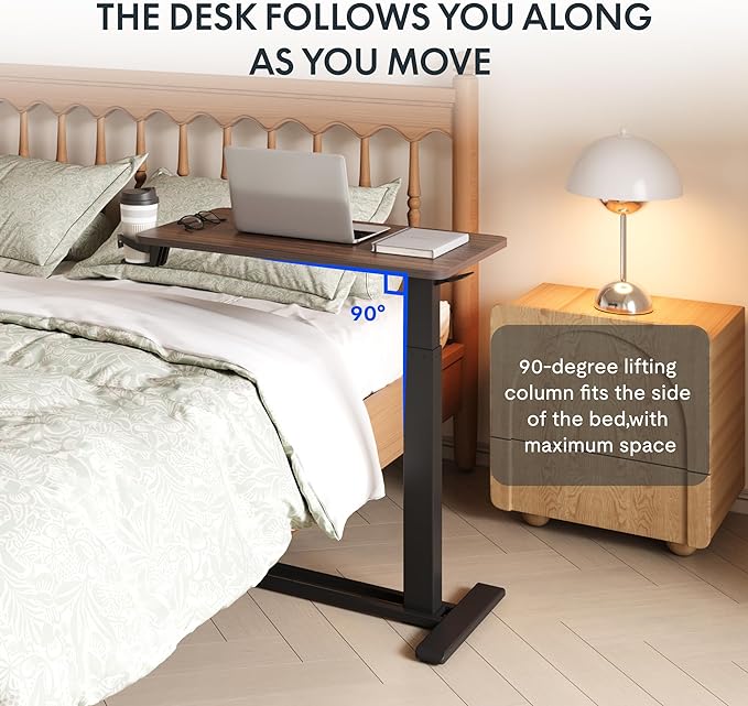 FLEXISPOT H7 Adjustable Overbed Bedside Table with Wheels Pneumatic Mobile Standing Desk Laptop Desk Rolling Computer Cart Movable Table Hospital Home Use(27.6" W x 15.7" D, Mahogany Table)
