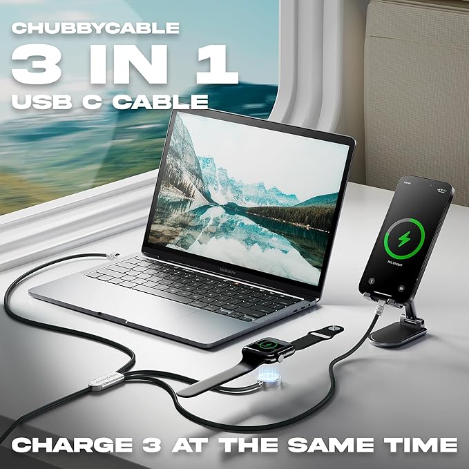 chubbycable Tri-Flex 3 in 1 USB C Cable for Apple Watch Charger Silicone 100W Multi Charging Cable Fast Charge Compatible with iPhone 16/15 Series iWatch iPad Airpods MacBook, 4.1FT, Black