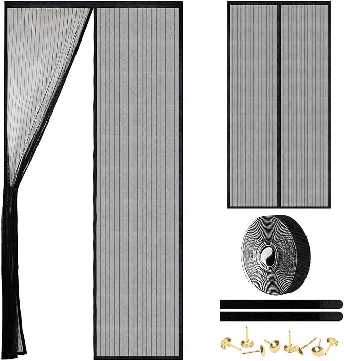 Magnetic Screen Door - Self Sealing, Heavy Duty, Hands Free Mesh Partition Keeps Bugs Out Let Breeze in- Pet and Kid Friendly - Keep Open Feature (Black, Fit Door Size 48 x 80 Inch)