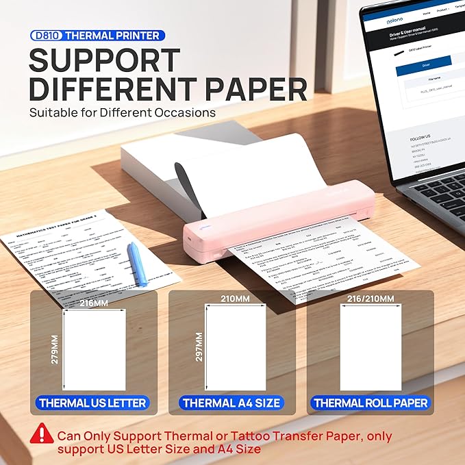 POLONO Portable Printer Wireless for Travel, D810 Bluetooth Thermal Printer Support for 8.5"x11" US Letter, Inkless Compatible with iOS, Android, Laptop for Office, Car and Home, Pink