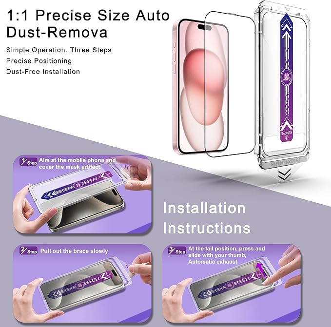 2 Pack Screen Protector for iPhone 14 Pro/iPhone 15 / iPhone 16, 9H Tempered Glass, Full Coverage, Anti-Fingerprint, Auto Dust-Elimination, No Bubble, Easy Installation