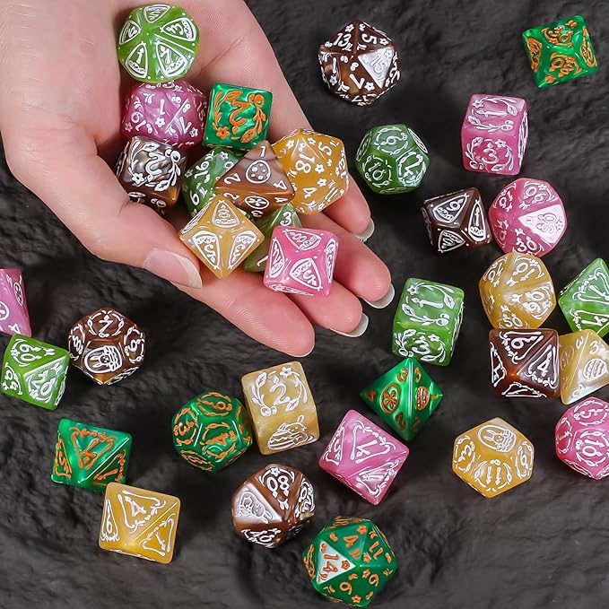 CiaraQ Polyhedral Dice Set, 5 Colors with 5 Decorative Pouches, 7 Pieces per Set, Fantasy RPG Gaming Dice/DND Dice/Role Playing Dice, Easter Themed
