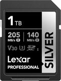 Lexar 1TB Professional Silver SD Card, UHS-I, C10, U3, V30, 4K, Up to 205/140 MB/s SDXC Memory Card, for Professional Photographer, Videographer, Enthusiast (LSDSILV001T-BNNNU)